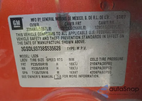 2008 Saturn Vue Red Line z USA, uszkodzony, nr VIN 3GSDL93738S535628